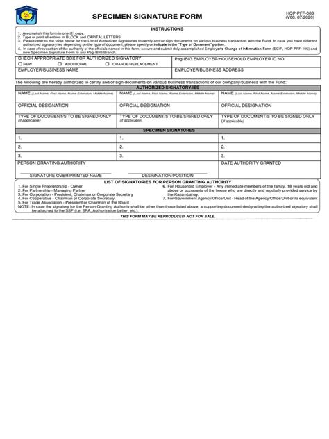 Specimen Signature Form: Instructions .
